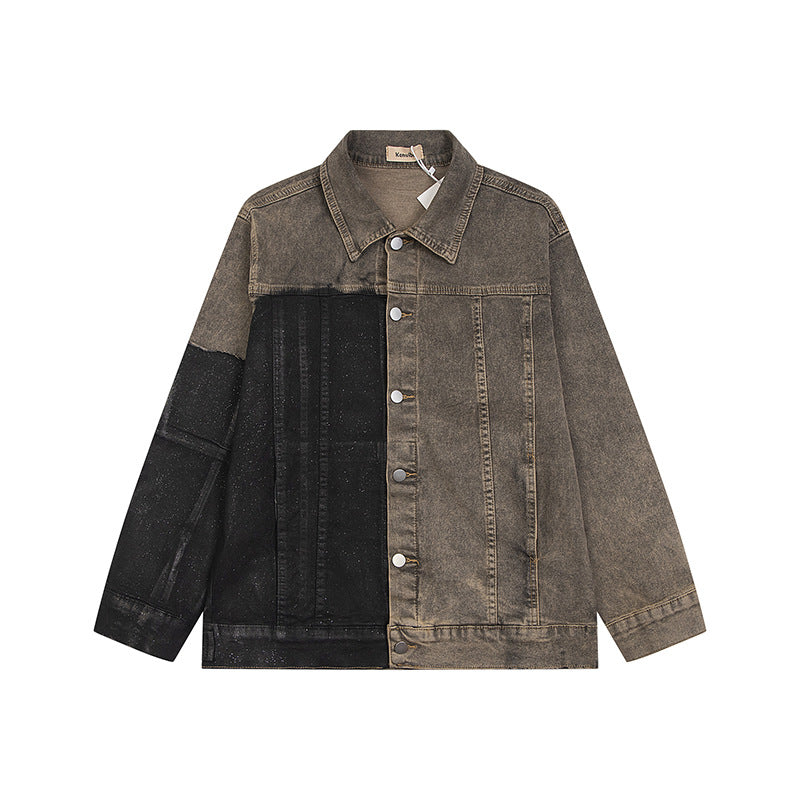 Washed color blocked denim jacket