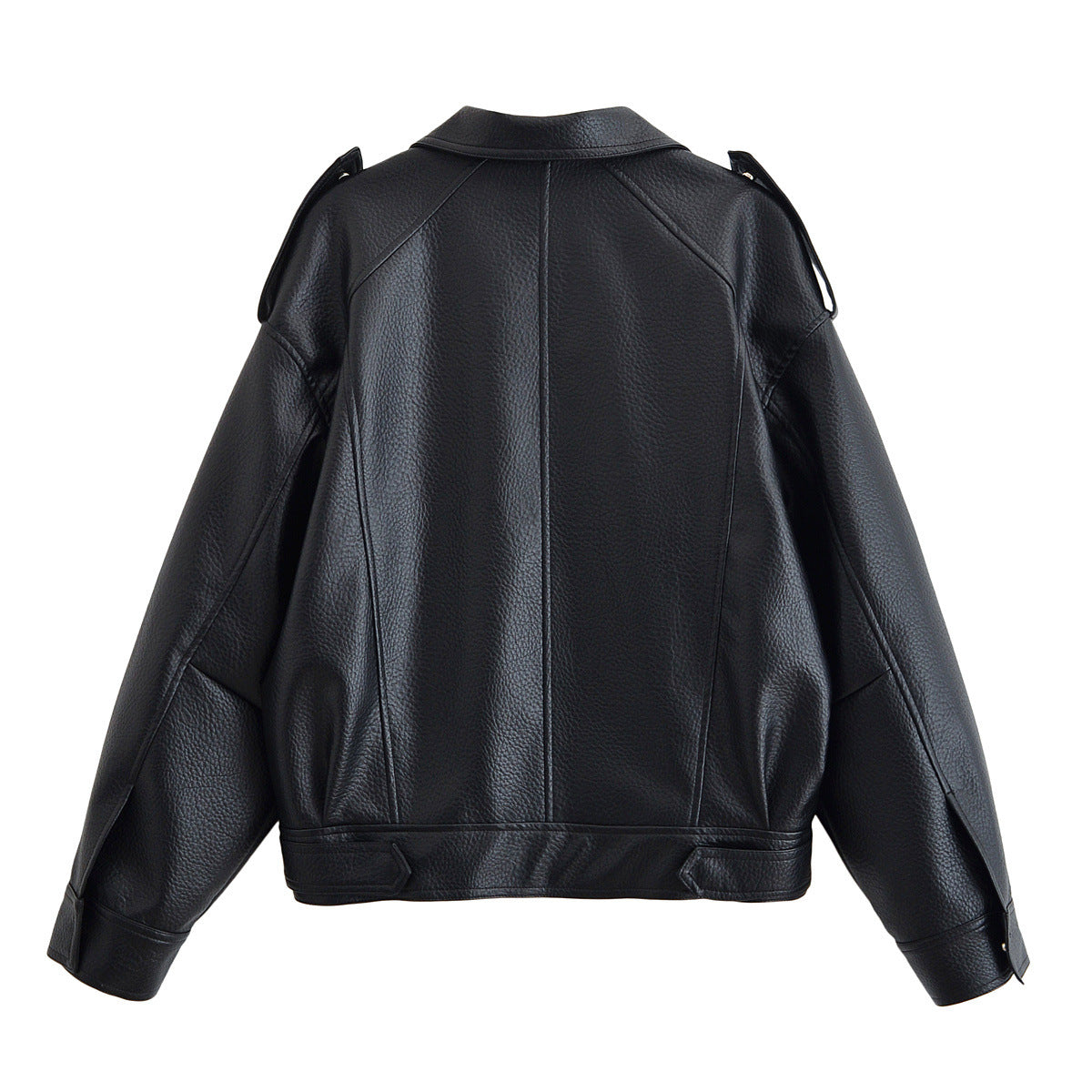 Falling shoulder lychee patterned imitation leather jacket