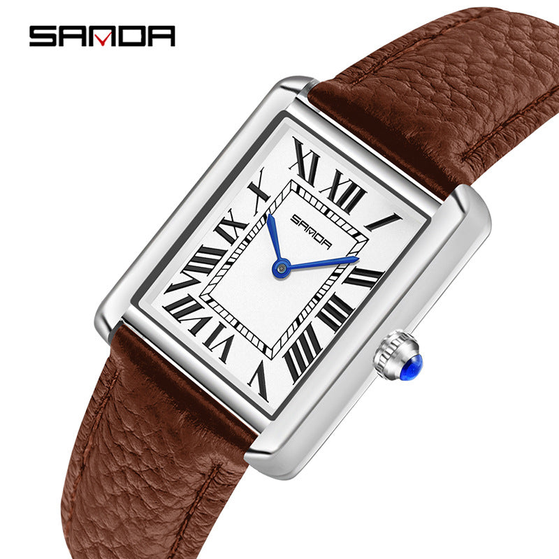 SANDA Fashion Square Roman Numerals Couple Quartz Watch Waterproof Wristwatch for Men and Women