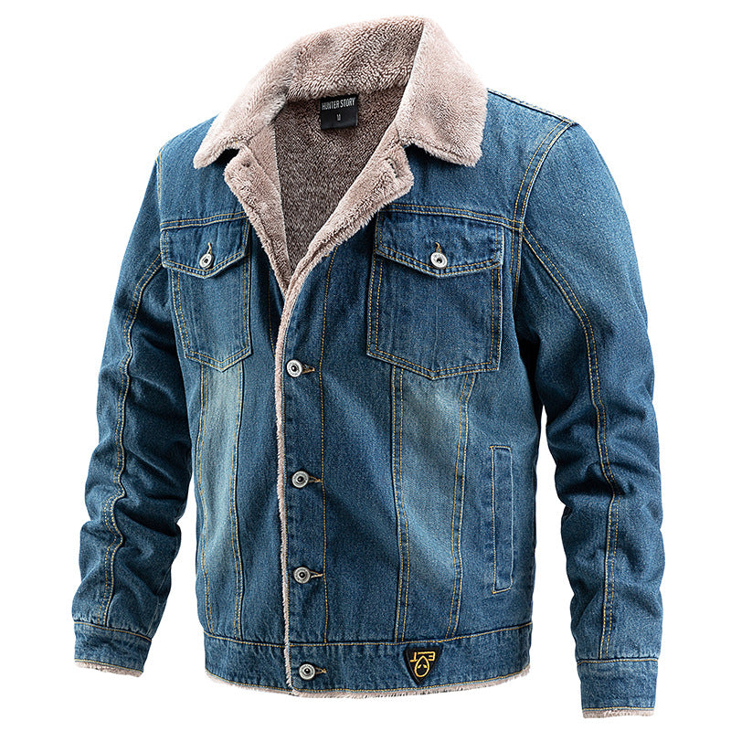 Denim jacket with plush and thick coat for men's casual denim jacket