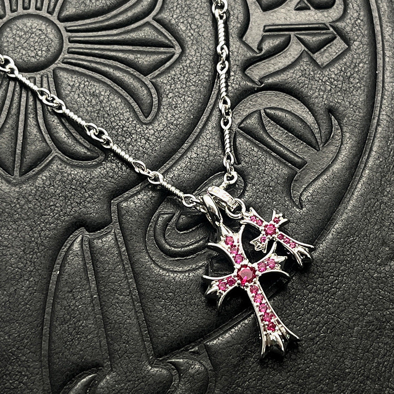 Punk hip-hop Thai silver plated 22K white gold double cross color diamond necklace sweater chain
