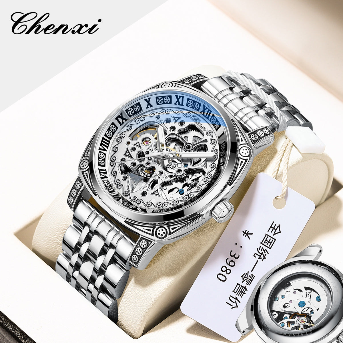 Dress: Vintage Engraved Mechanical Watch Men's Leather Waterproof Hollow-Out Fashion Style Men's Watch