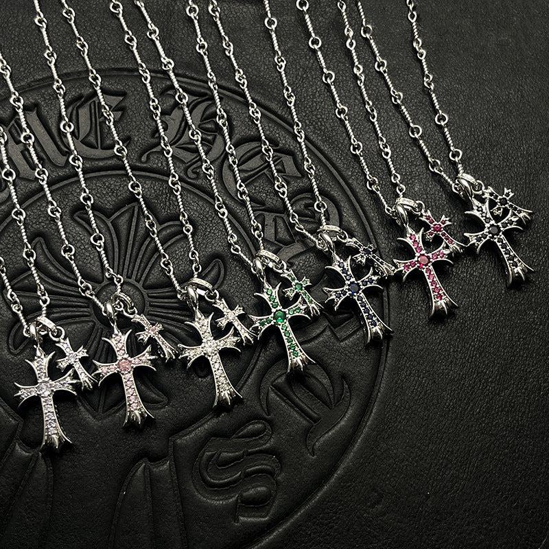 Punk hip-hop Thai silver plated 22K white gold double cross color diamond necklace sweater chain