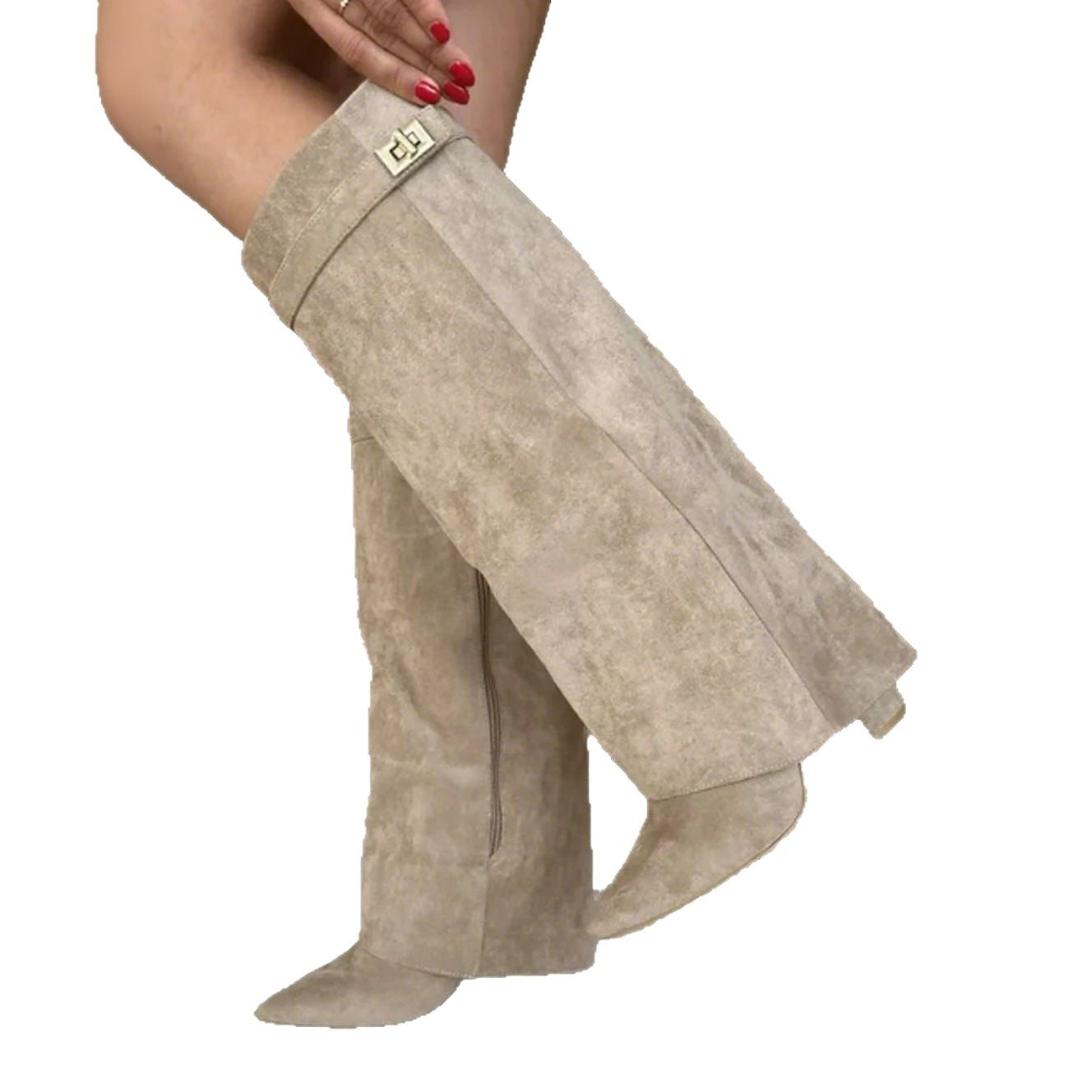 Boots with pointed toes large tube circumference straight tube metal buckle medium length tube thick heel women's boots