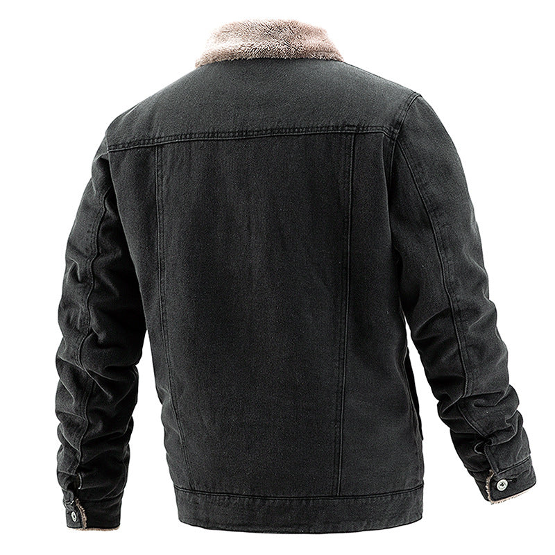 Denim jacket with plush and thick coat for men's casual denim jacket