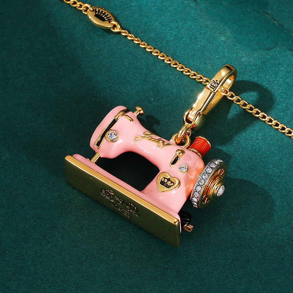 Enamel Three Dimensional Butterfly Knot Pink Sewing Machine Pendant Necklace