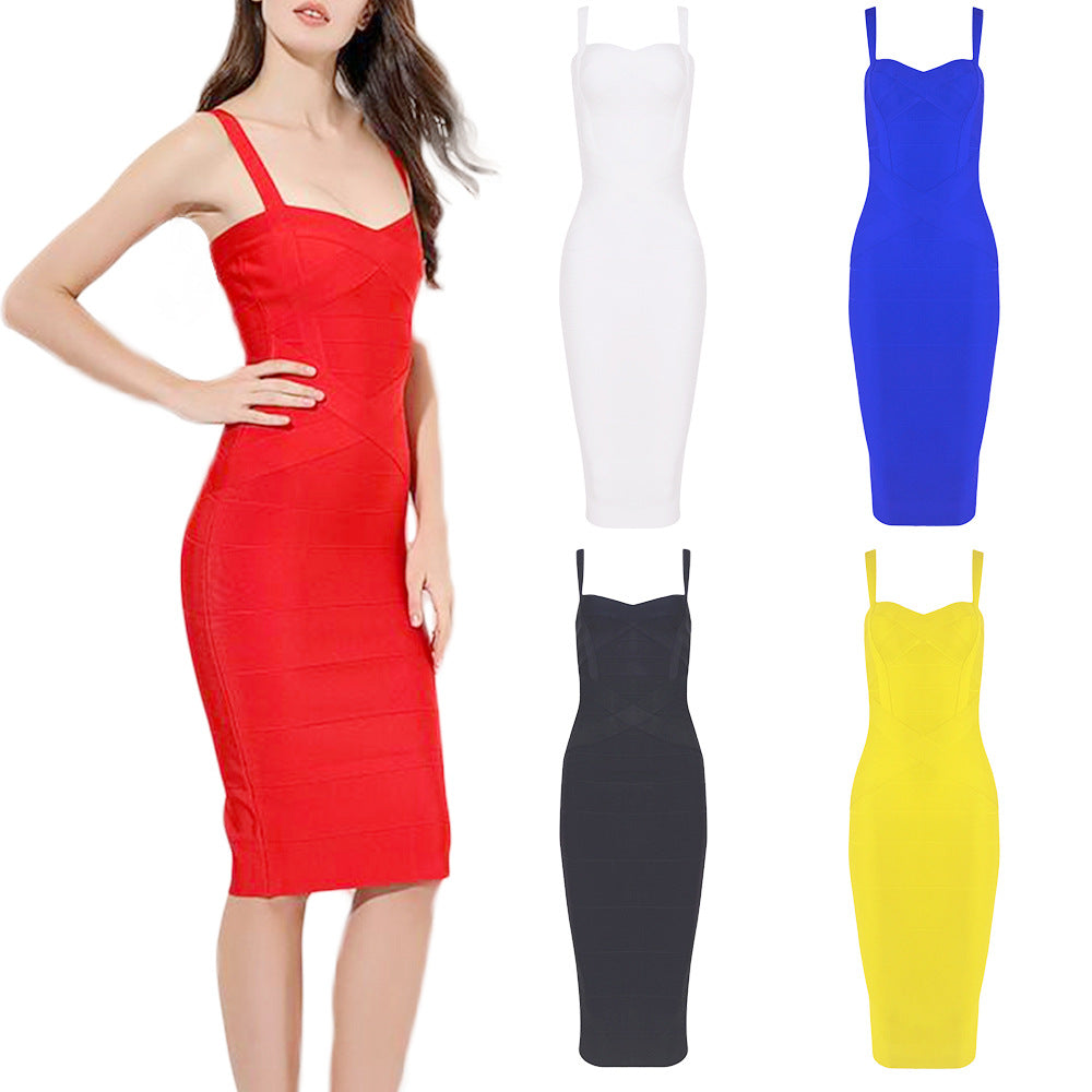 Women's  Dresses New Spaghetti Strap Midi Bandage V Neck Lady Runway Dresses