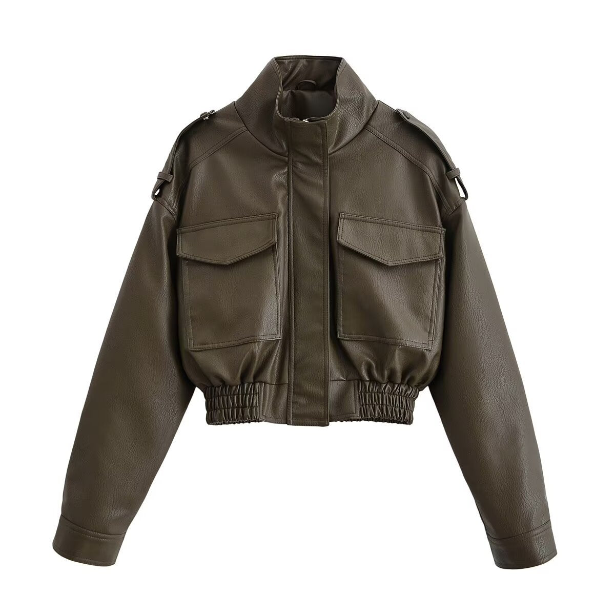 Pocket decoration imitation leather jacket
