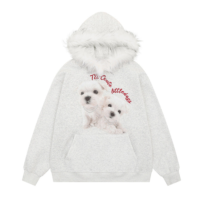 Cute Dog Print Fleece-Lined Hoodie Unisex Casual Loose Sweatshirt