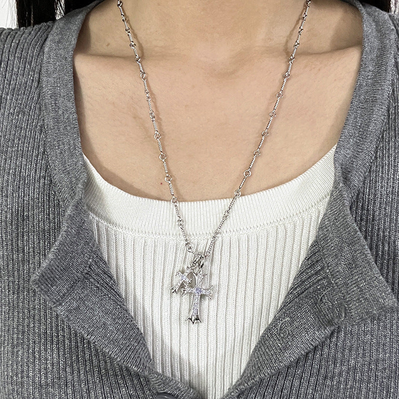 Punk hip-hop Thai silver plated 22K white gold double cross color diamond necklace sweater chain