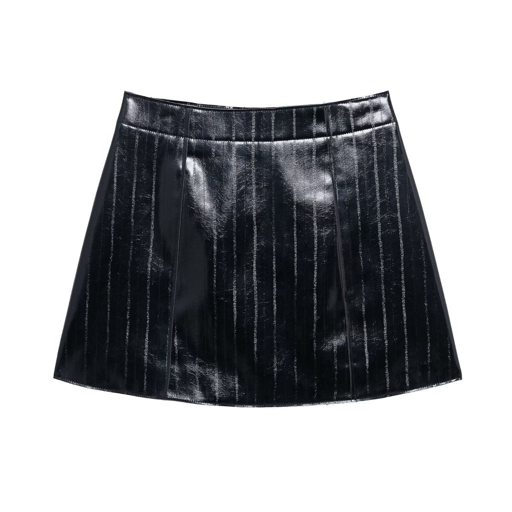 PU imitation leather slim fit black skirt for women