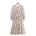 Polka dot print round neck bubble sleeves cinched waist jumpsuit long skirt