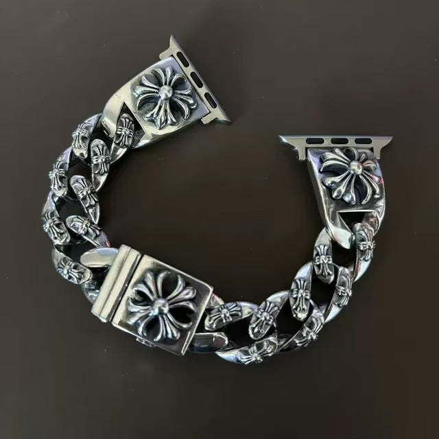 Vintage Thai Silver Cross Flower Watch Chain Punk Versatile Cross Flower Men's and Women's Styles