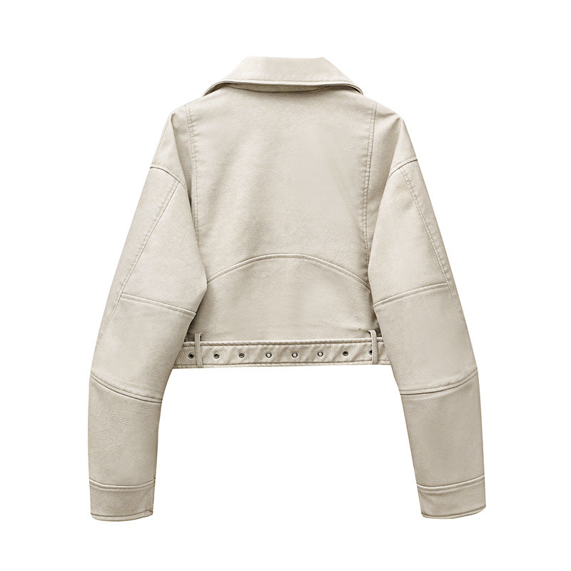 Short motorcycle suit PU leather with belt short imitation leather jacket