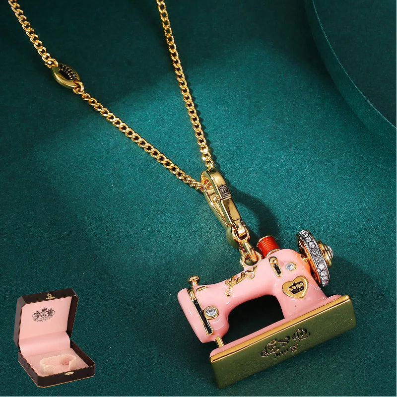Enamel Three Dimensional Butterfly Knot Pink Sewing Machine Pendant Necklace