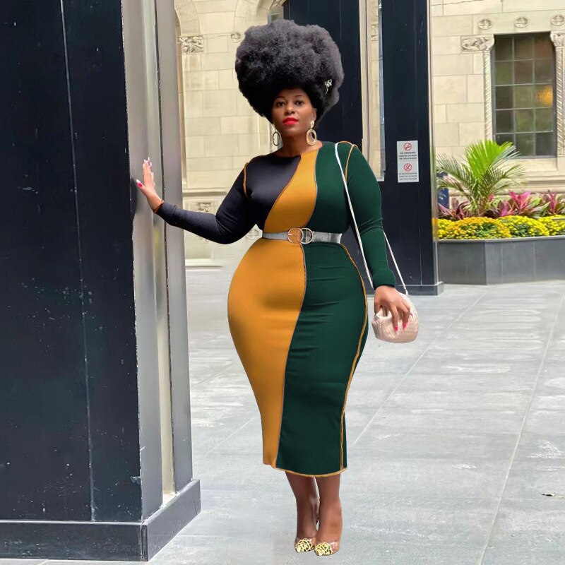 Women's Spring New Large Size Dresses Splicing Contrast Color Fashion Tight Skirts Casual Party Commuting Dresses