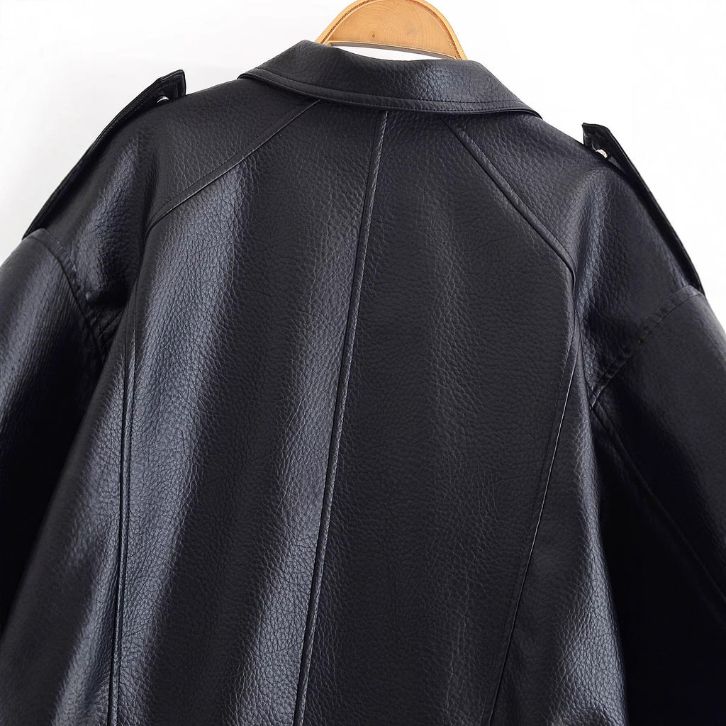 Falling shoulder lychee patterned imitation leather jacket