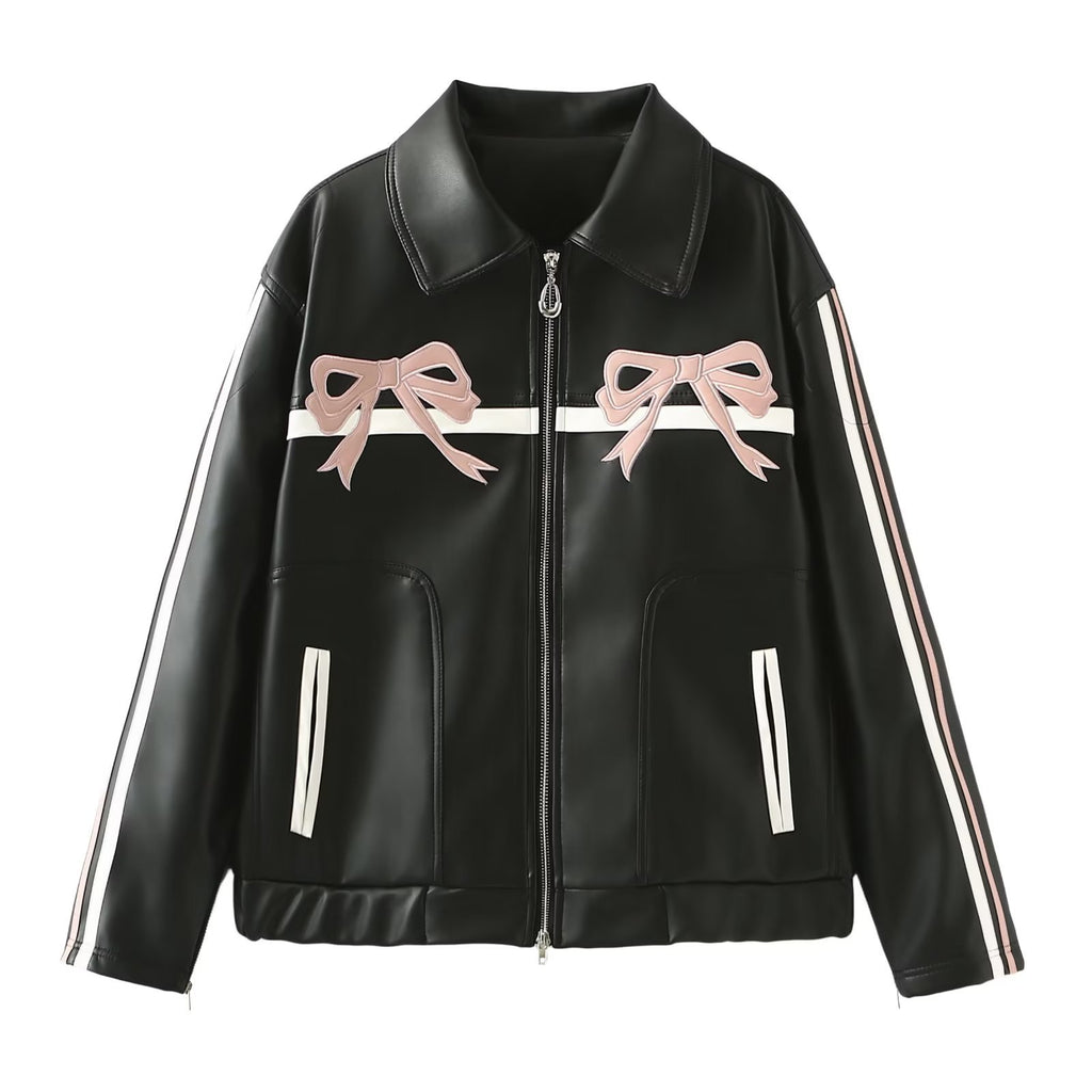 Bow embroidered leather jacket