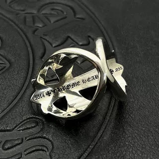 Thai silver diamond inlaid large cross hollow ring