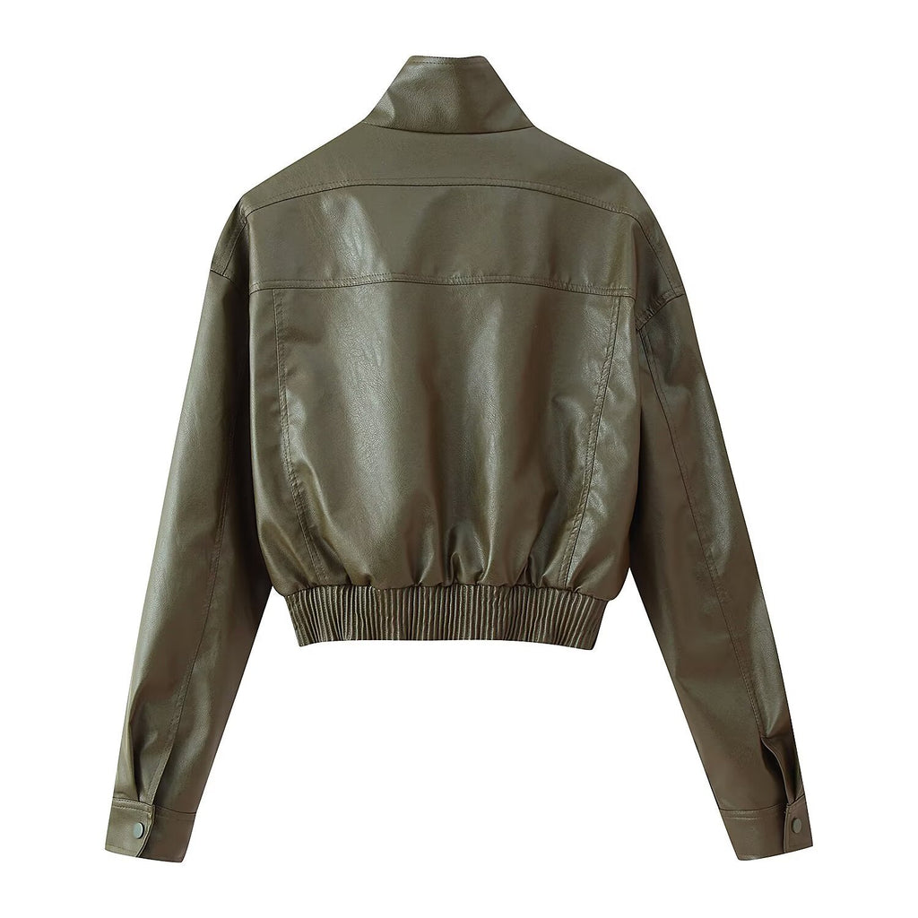 Pocket decoration imitation leather jacket