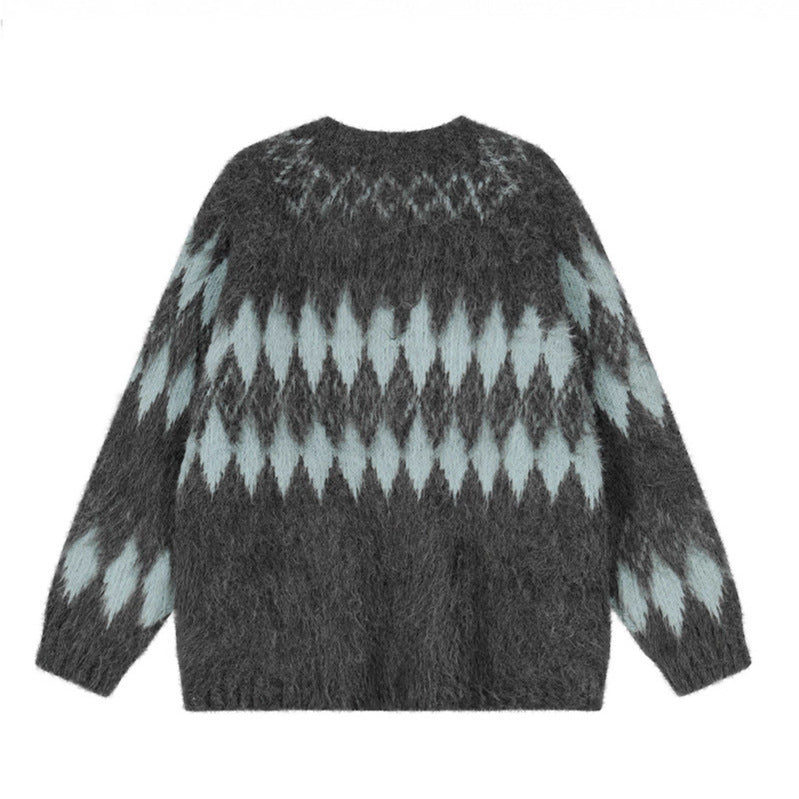 Oversized Wool Mohair Fair Isle Crewneck Pullover Sweater
