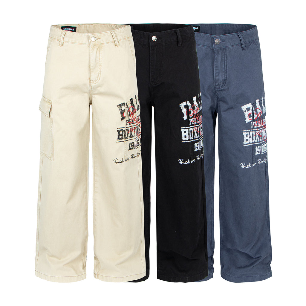 Retro Printed Cargo Pants, Simple Design, Straight Leg Casual Trousers