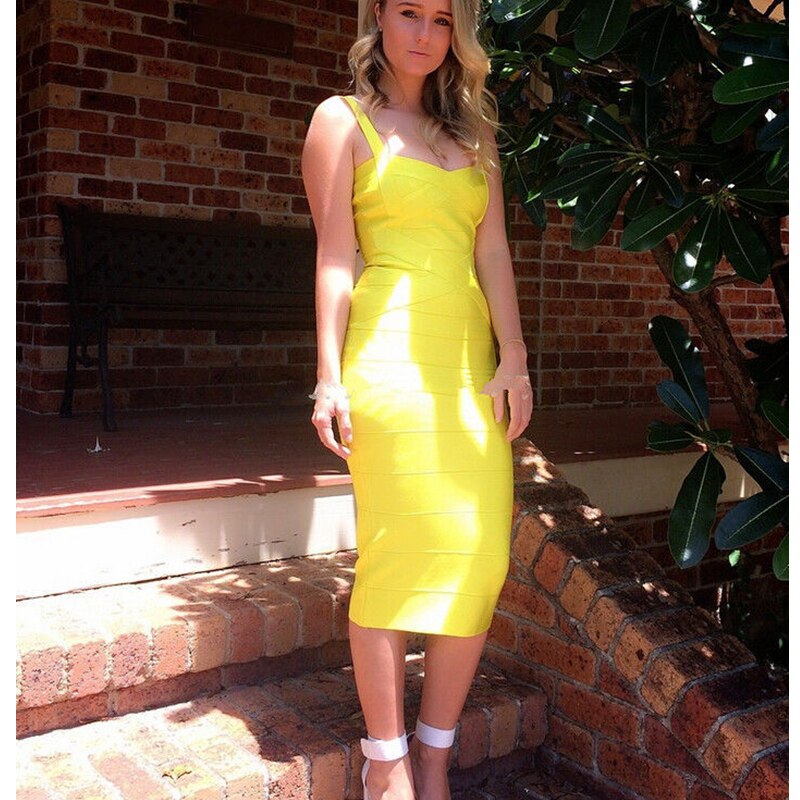Women's  Dresses New Spaghetti Strap Midi Bandage V Neck Lady Runway Dresses