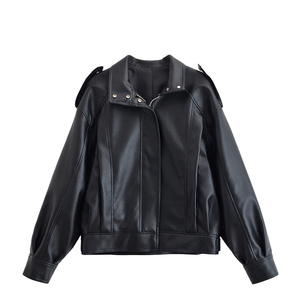 Falling shoulder lychee patterned imitation leather jacket