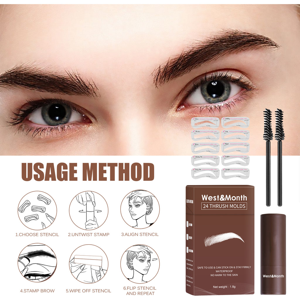 West&month 24 Thrush Molds, Lazy Brow Print Eyebrow Powder Set Durable Waterproof, Sweat Resistant, Makeup Free And Smudge