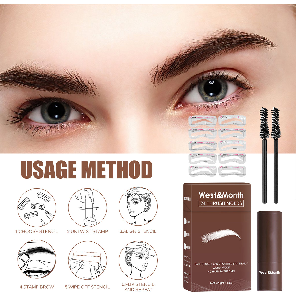 West&month 24 Thrush Molds, Lazy Brow Print Eyebrow Powder Set Durable Waterproof, Sweat Resistant, Makeup Free And Smudge
