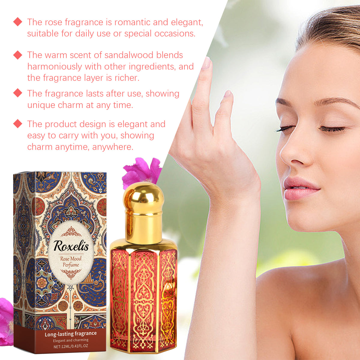 Roxelis Arab Style Perfume Rose Light Elegant Natural Fresh Light Fragrance Lasting Fragrance Portable Charm Atmosphere Perfume