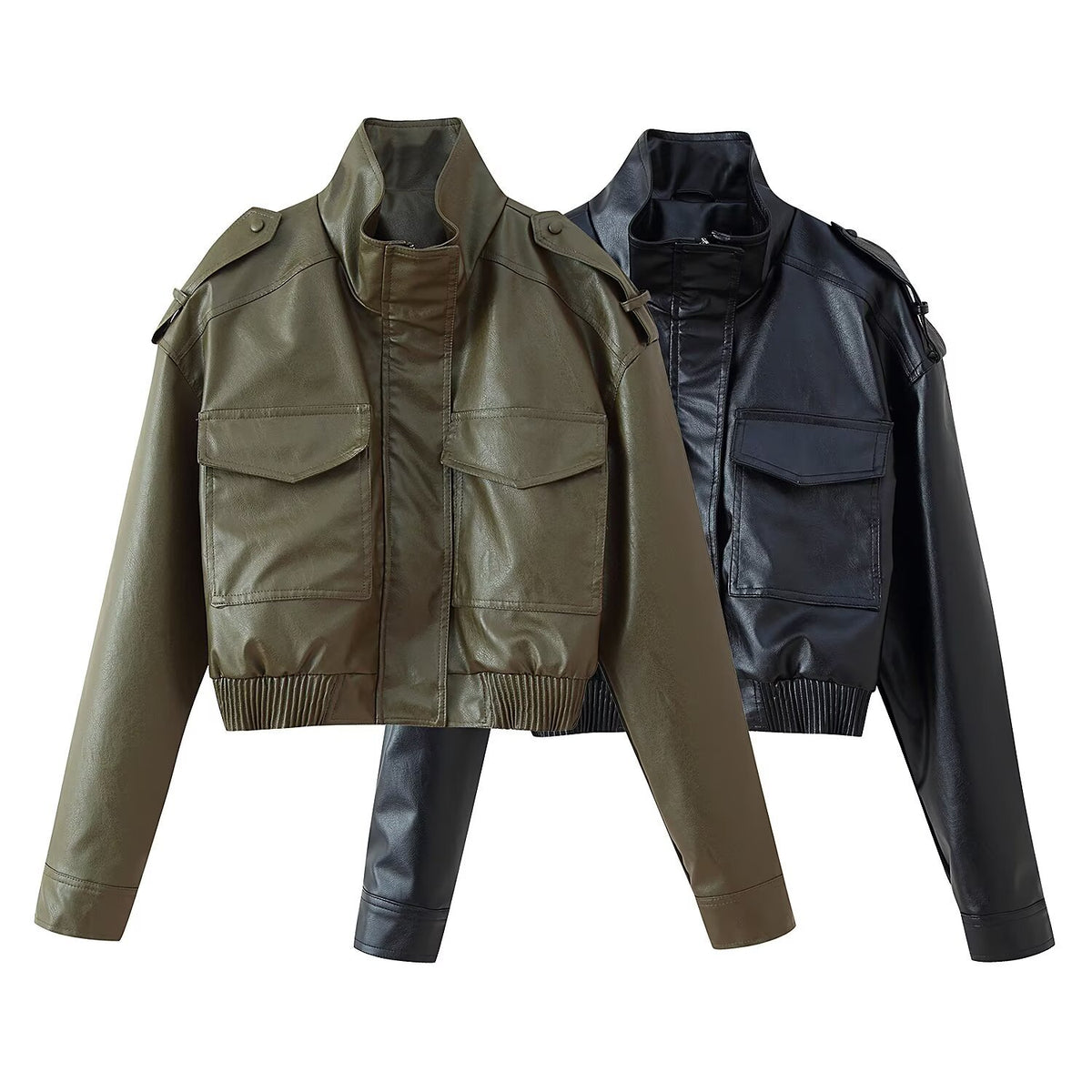Pocket decoration imitation leather jacket