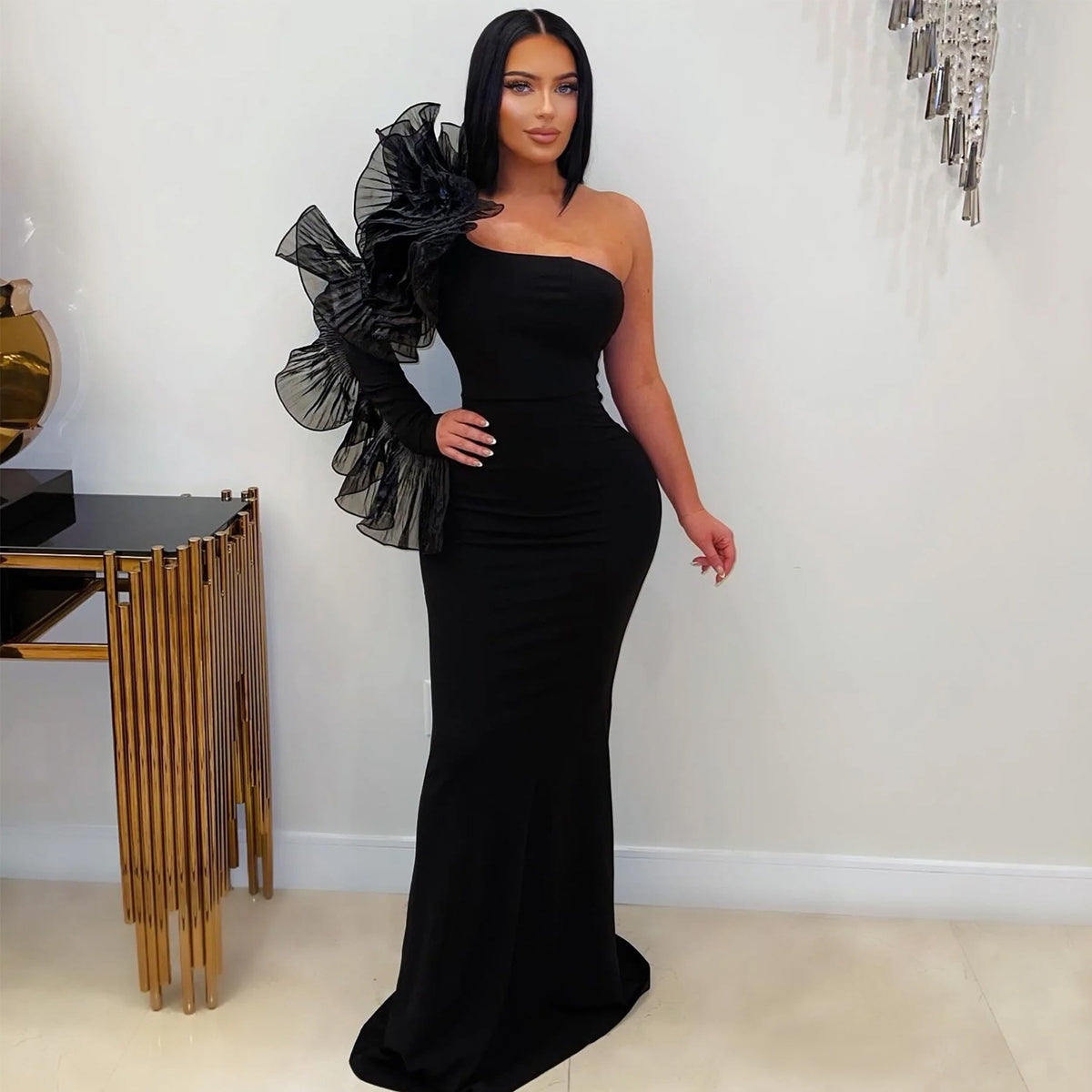 Fashion Elegant Single Ruffle Sleeve Fitted Dress for Women
