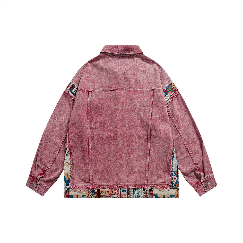 Jacquard patchwork washed denim jacket