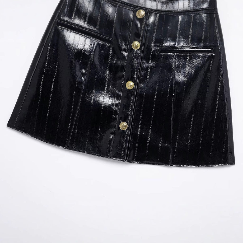 PU imitation leather slim fit black skirt for women