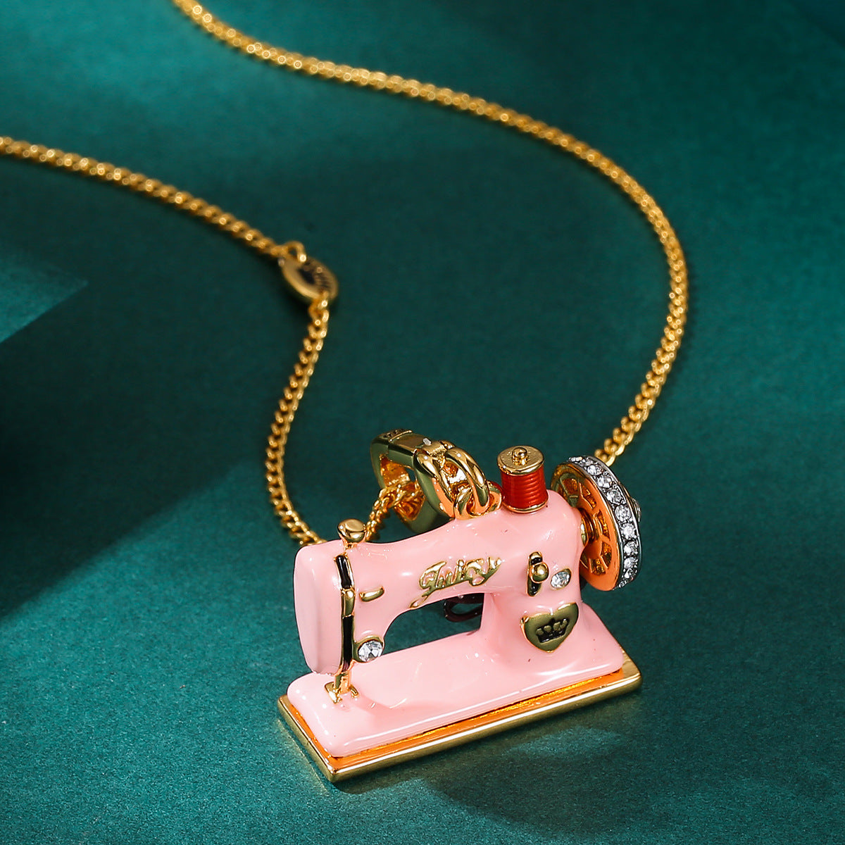Enamel Three Dimensional Butterfly Knot Pink Sewing Machine Pendant Necklace