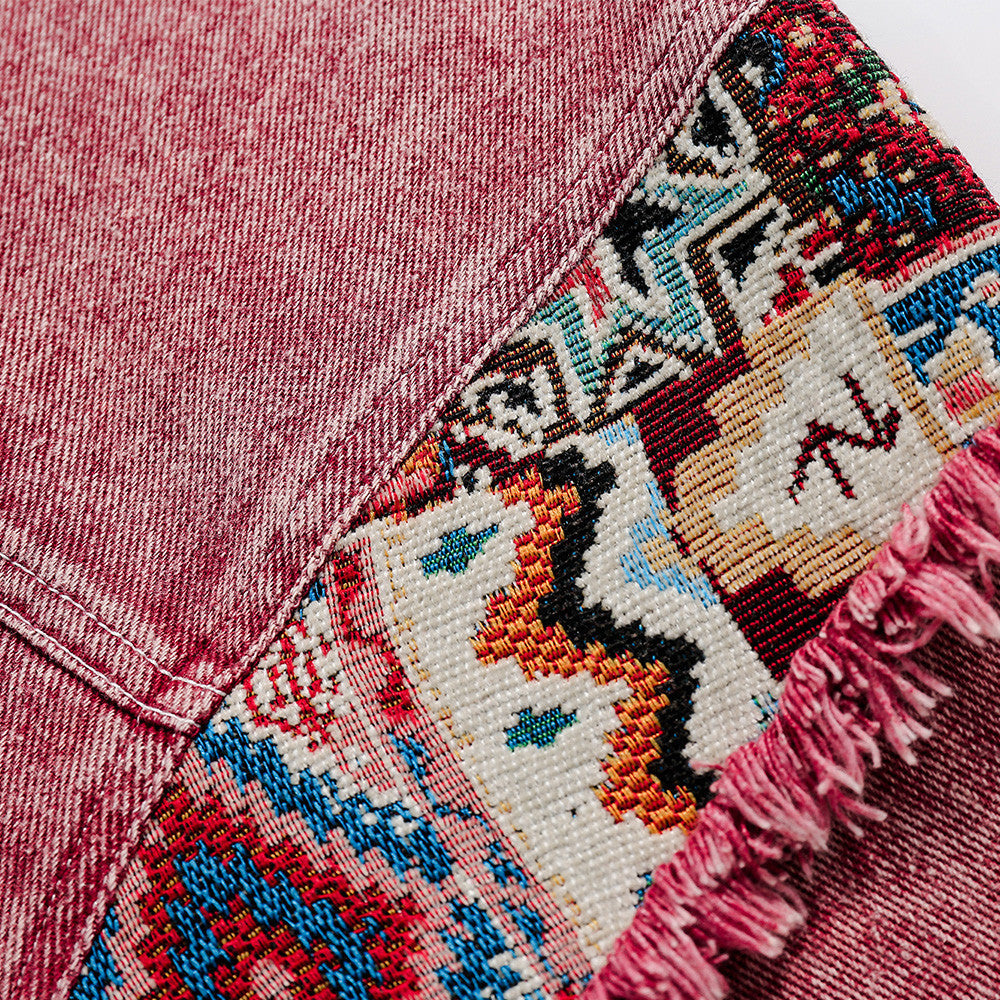 Jacquard patchwork washed denim jacket