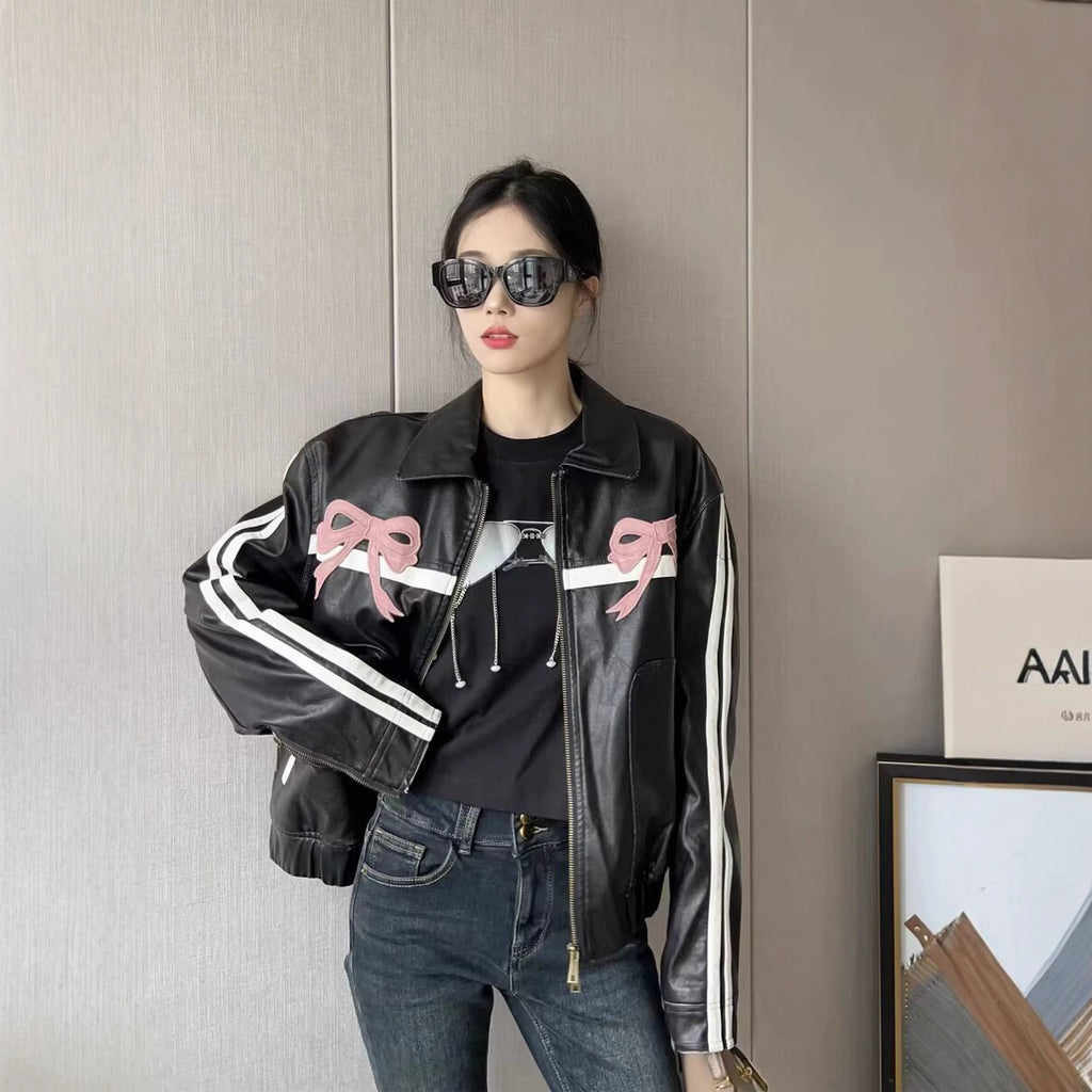 Bow embroidered leather jacket
