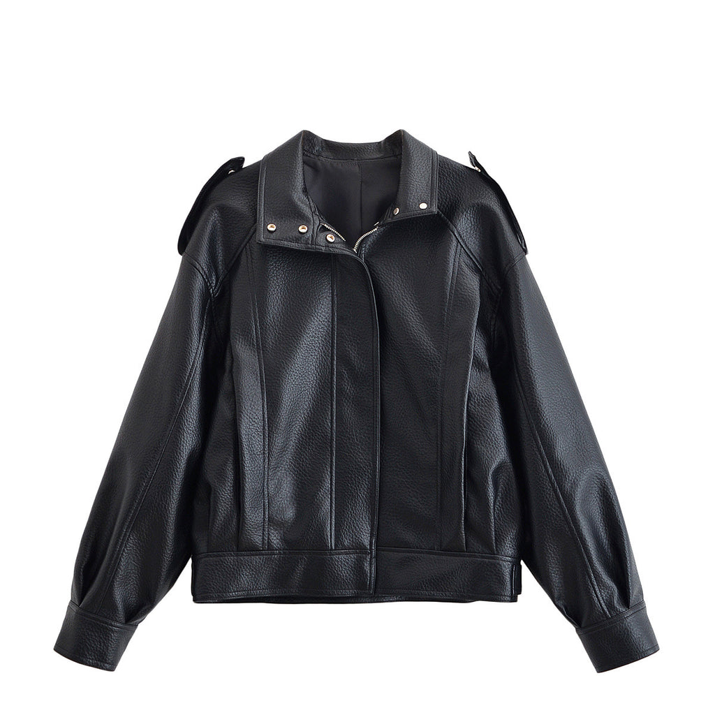 Falling shoulder lychee patterned imitation leather jacket