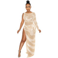 Fashion Sexy Nightclub Rhinestone Single Long Sleeve Irregular Slit Maxi Dress