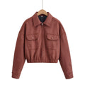 Flip collar pocket hem loose suede jacket