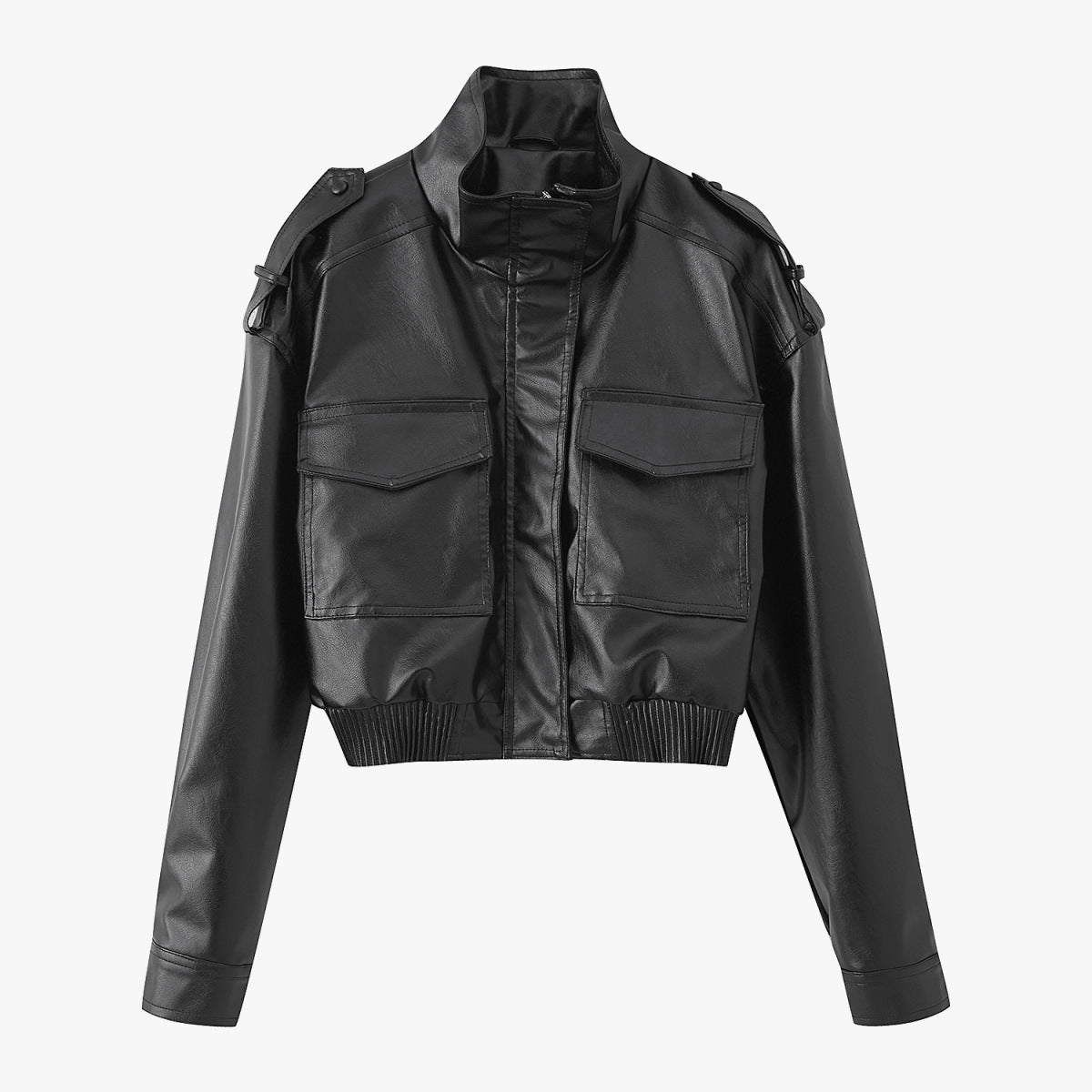 Pocket decoration imitation leather jacket
