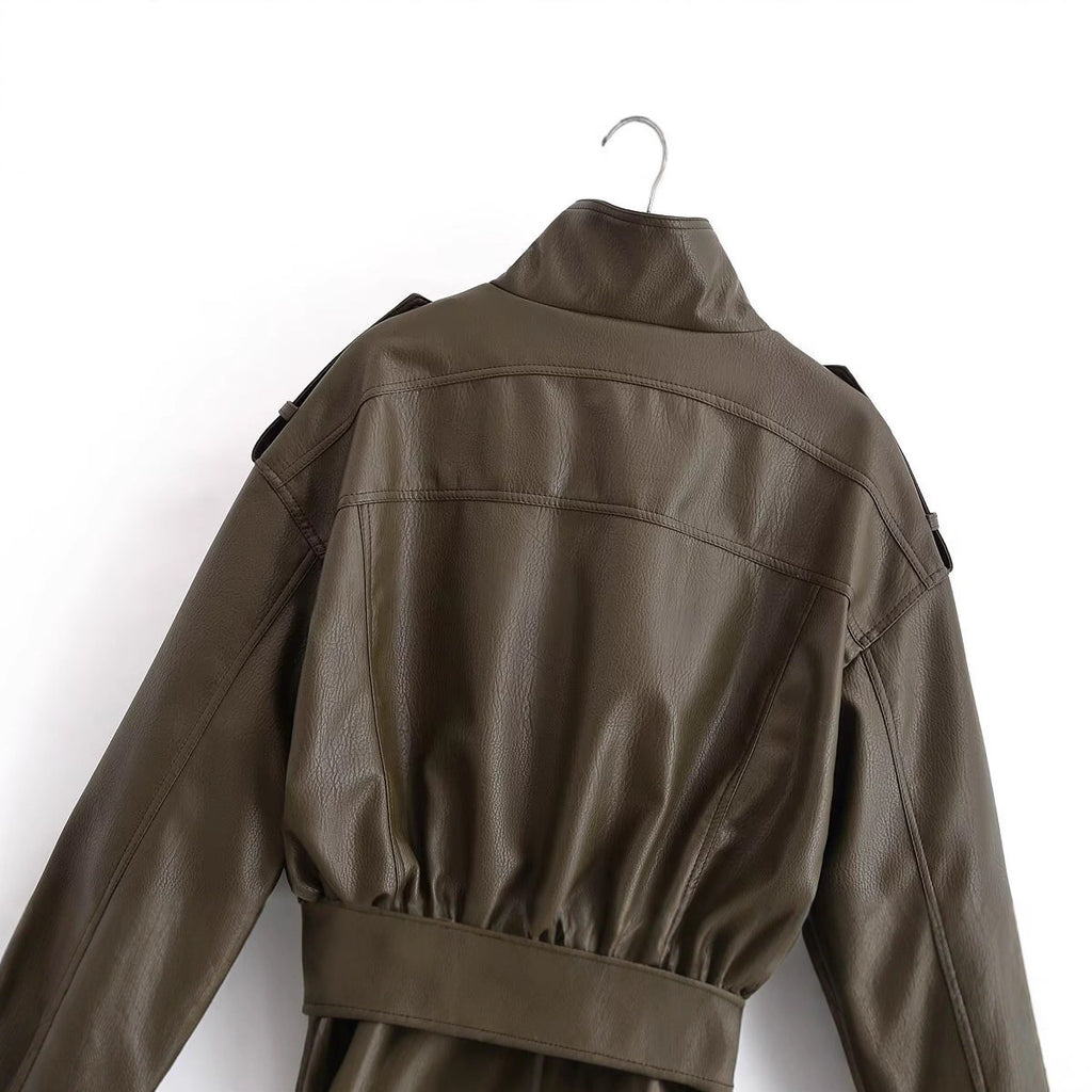 Pocket decoration imitation leather jacket