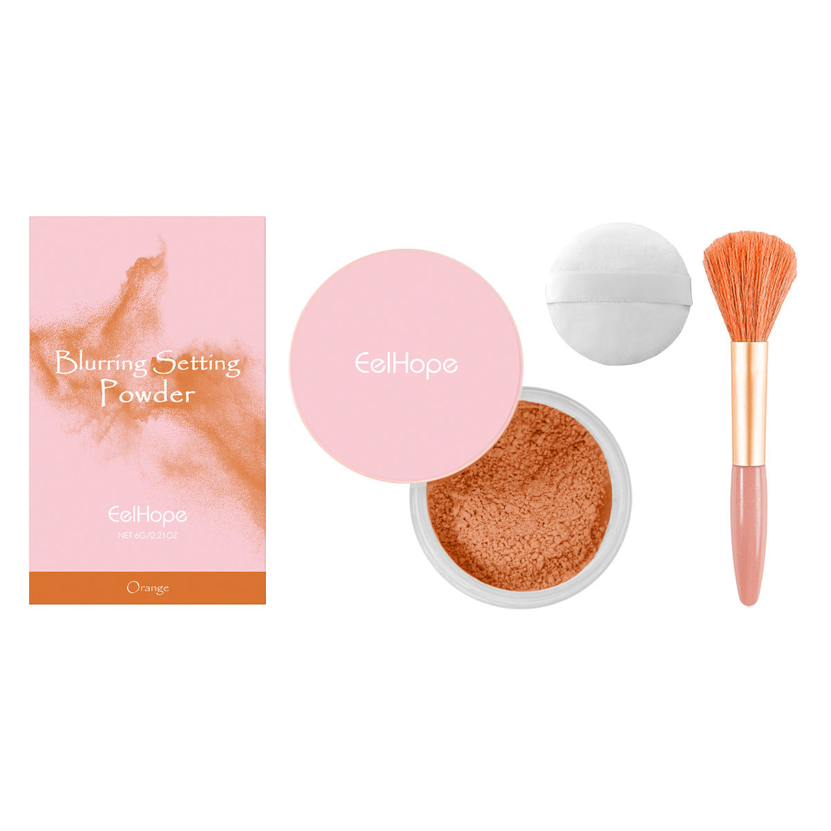 Eelhope Setting Powder With Brush (Orange) Has A Natural, Light, Fine, Breathable And Snagging Effect. It Is Suitable For Both Dry And Wet Use And Can Last For A Long Time Without Fading
