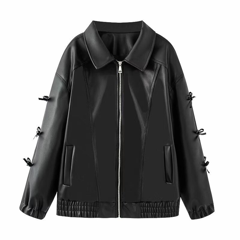 Bow shaped imitation leather jacket