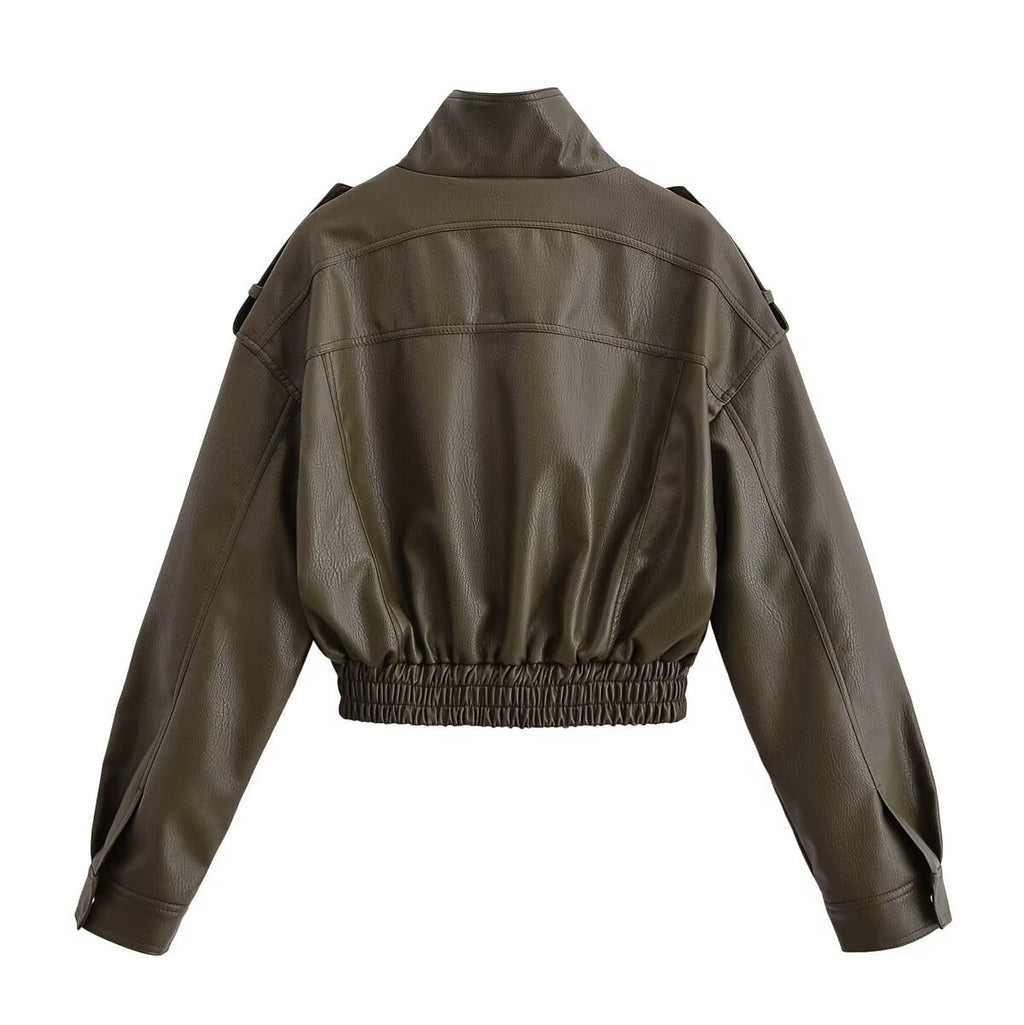 Pocket decoration imitation leather jacket