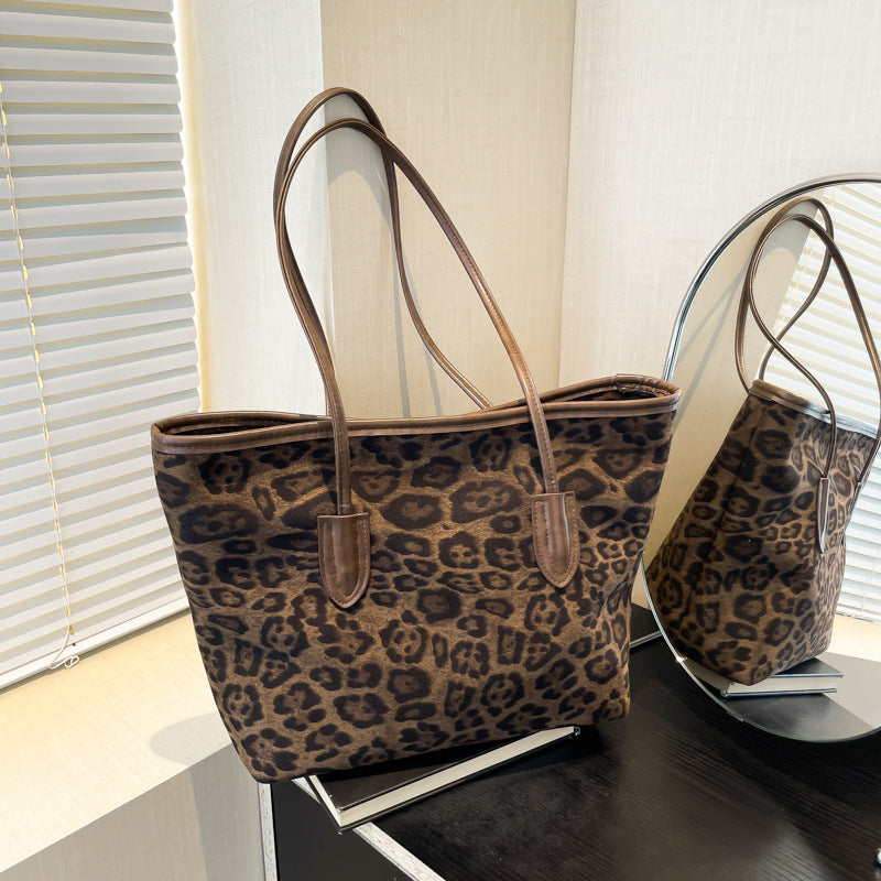 Women's Large-Capacity Fashion Shopping Tote – Leopard-Print PU Leather Shoulder & Hand Carry Bag