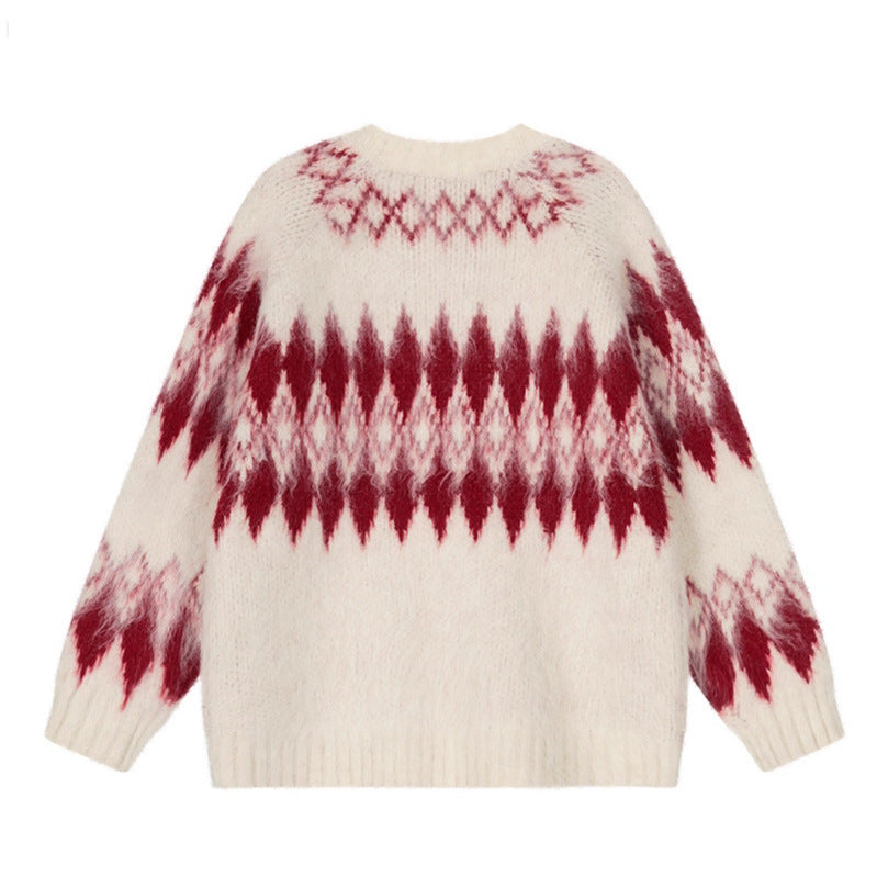 Oversized Wool Mohair Fair Isle Crewneck Pullover Sweater