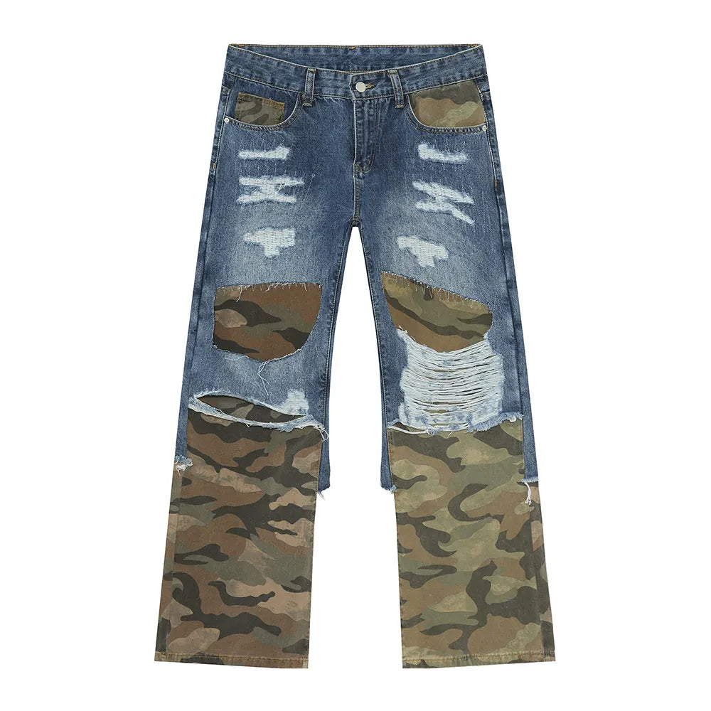 Distressed Camouflage Patchwork Jeans