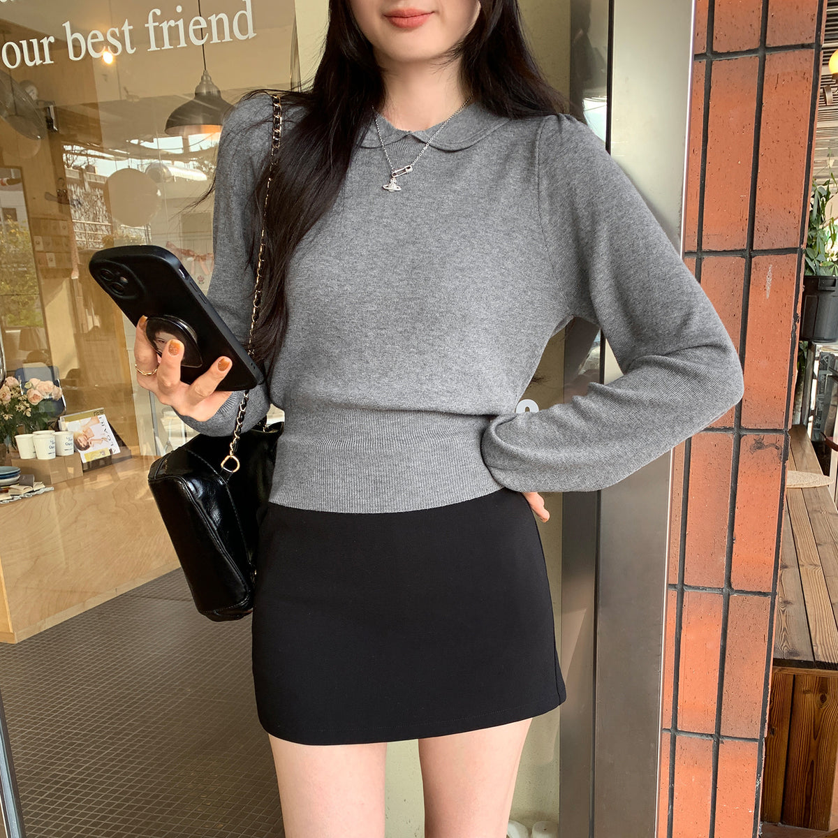 Unique White Peter Pan Collar Knit Bodysuit for Women,Waist-Cinching, Slimming Inner Layer Top